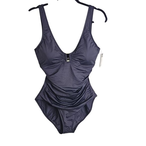 Lauren Ralph Lauren one piece swimsuit black ruched 14 NWT - Picture 1 of 6